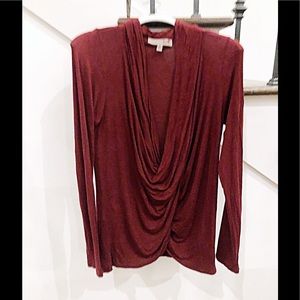 Red 23 Burgundy Pleated Deep V Neck Long Sleeve Poly/Nylon Knit, Size Medium